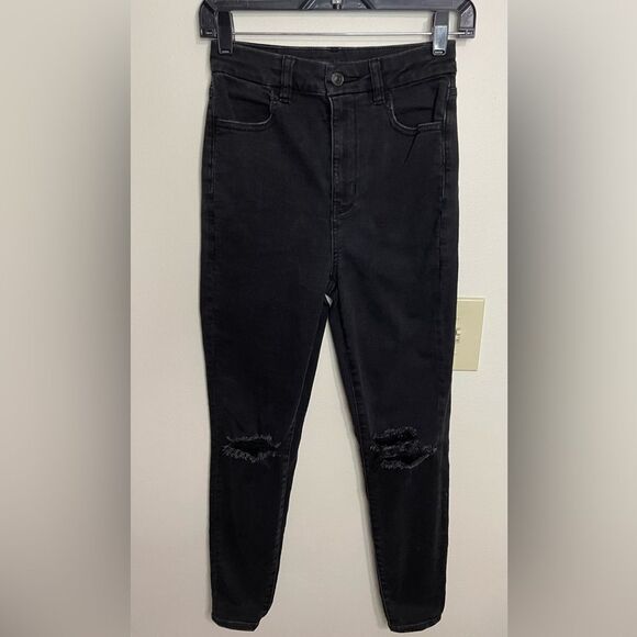 American Eagle Strech Distressed Curvy Highest Rise Jegging Black Jean Pant Sz 2 - Picture 6 of 15